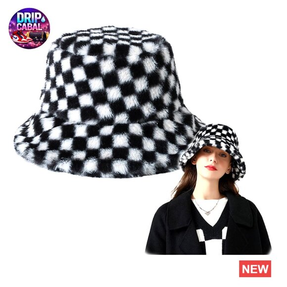 Winter Faux Fur Bucket Hat Checkered Pattern Fluffy Warm Hat